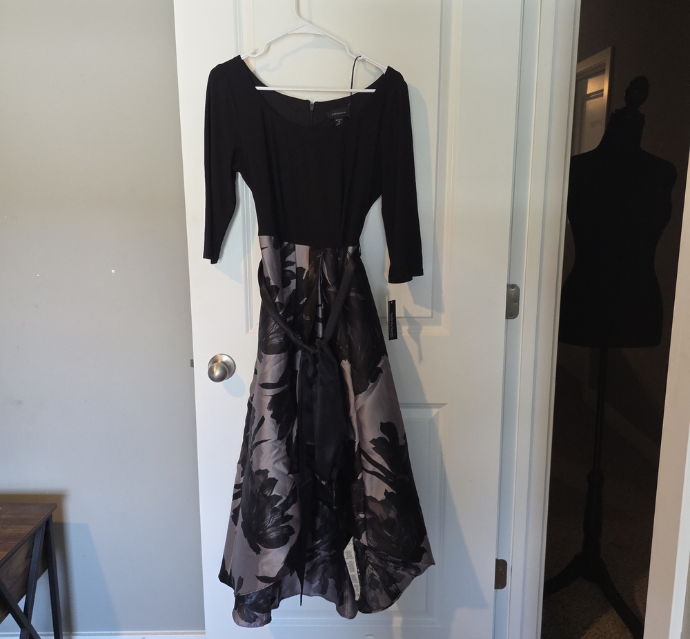 R&M Richards Black Bodice with Gray & Black Floral High-Low Dress